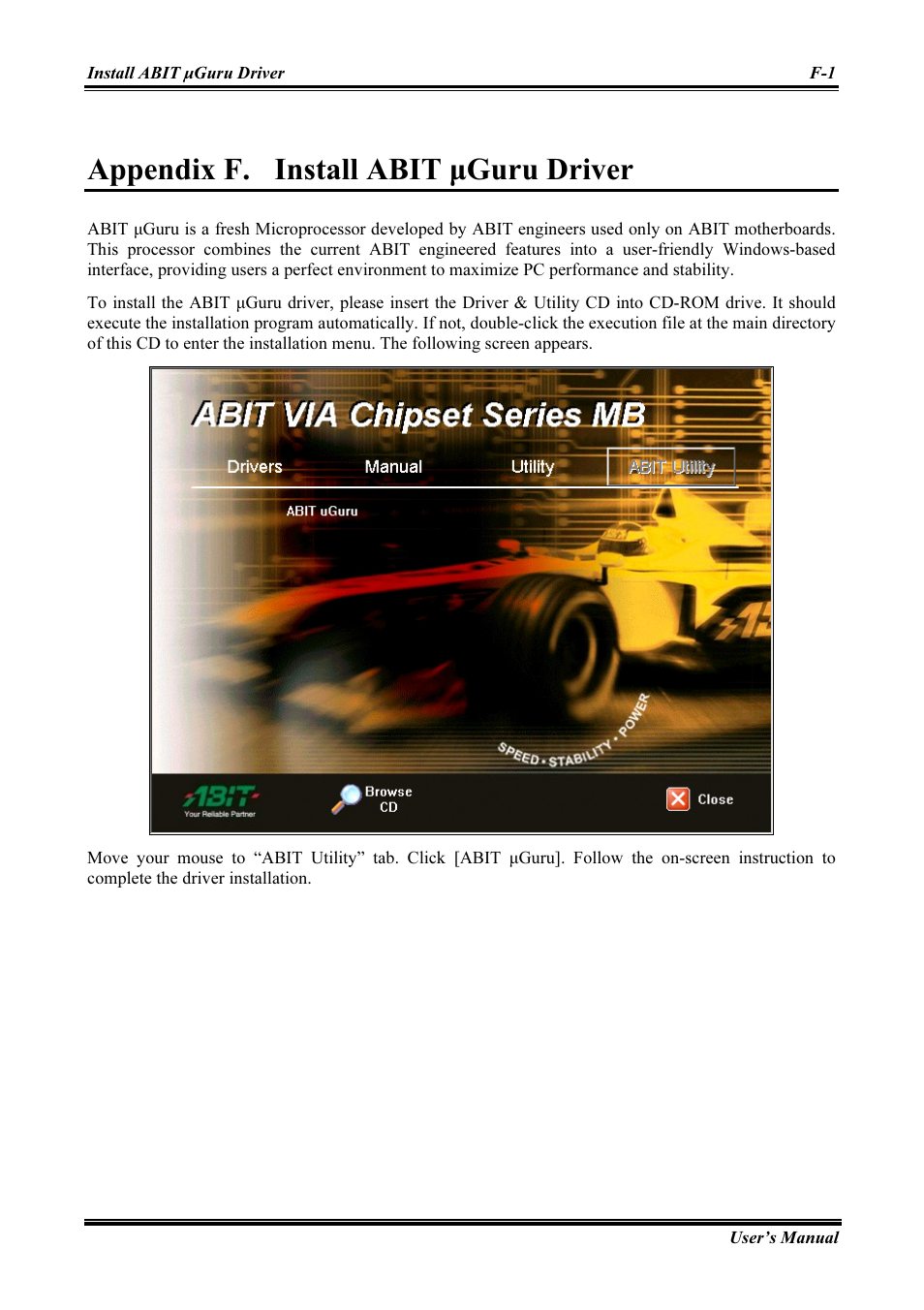 Install abit μguru driver, Appendix f, Appendix f. install abit µguru driver | Abit AMD ATHLON KV8 PRO User Manual | Page 65 / 80