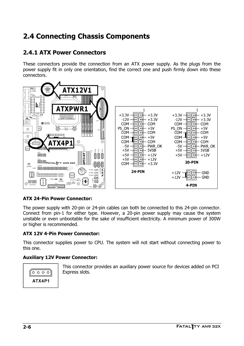 Connecting chassis components, Atx power connectors, 4 connecting chassis components -6 | 1 atx power connectors -6, 4 connecting chassis components | Abit AN9 32X User Manual | Page 16 / 56