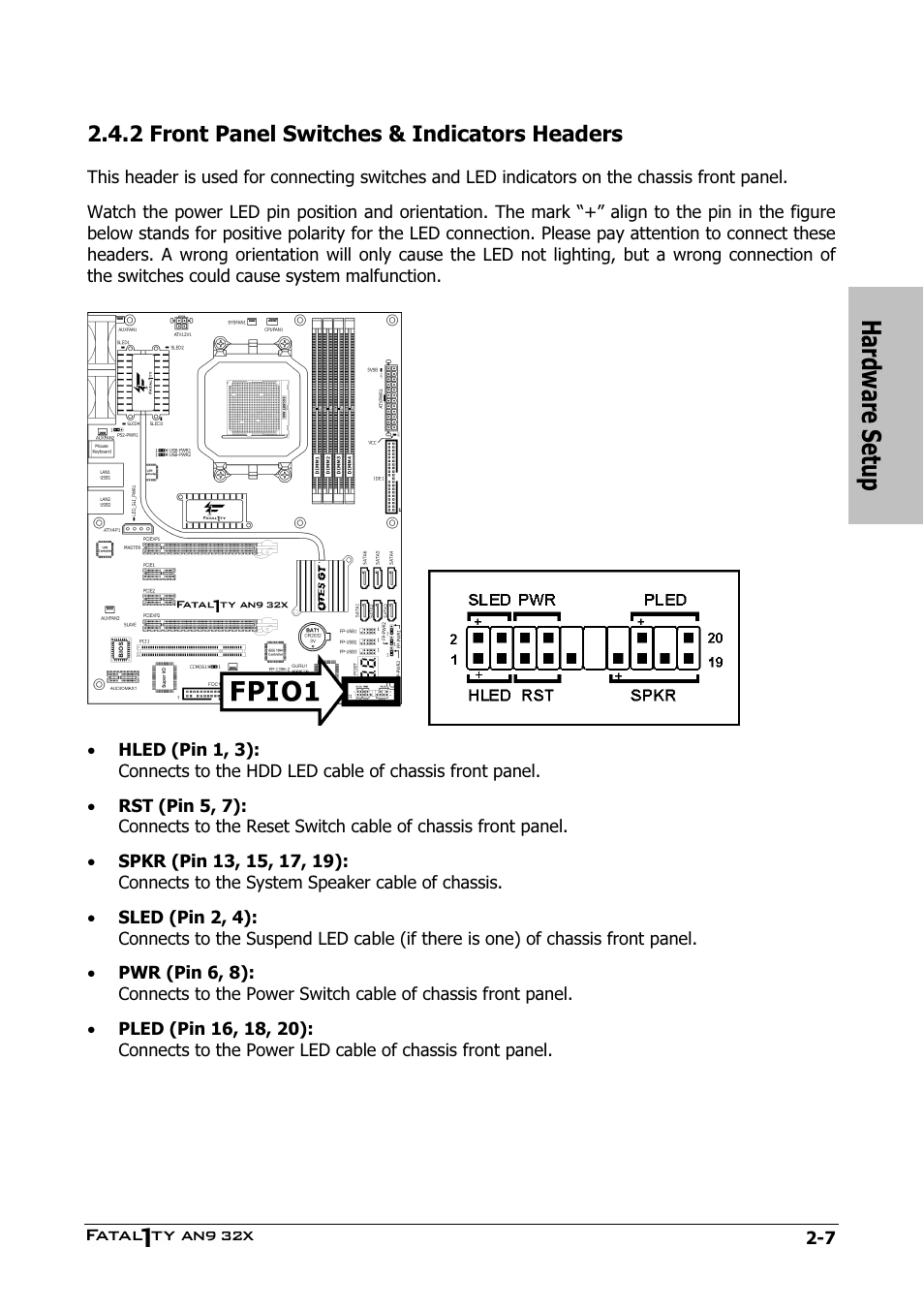 Front panel switches & indicators headers, 2 front panel switches & indicators headers -7, Hardware setup | Abit AN9 32X User Manual | Page 17 / 56