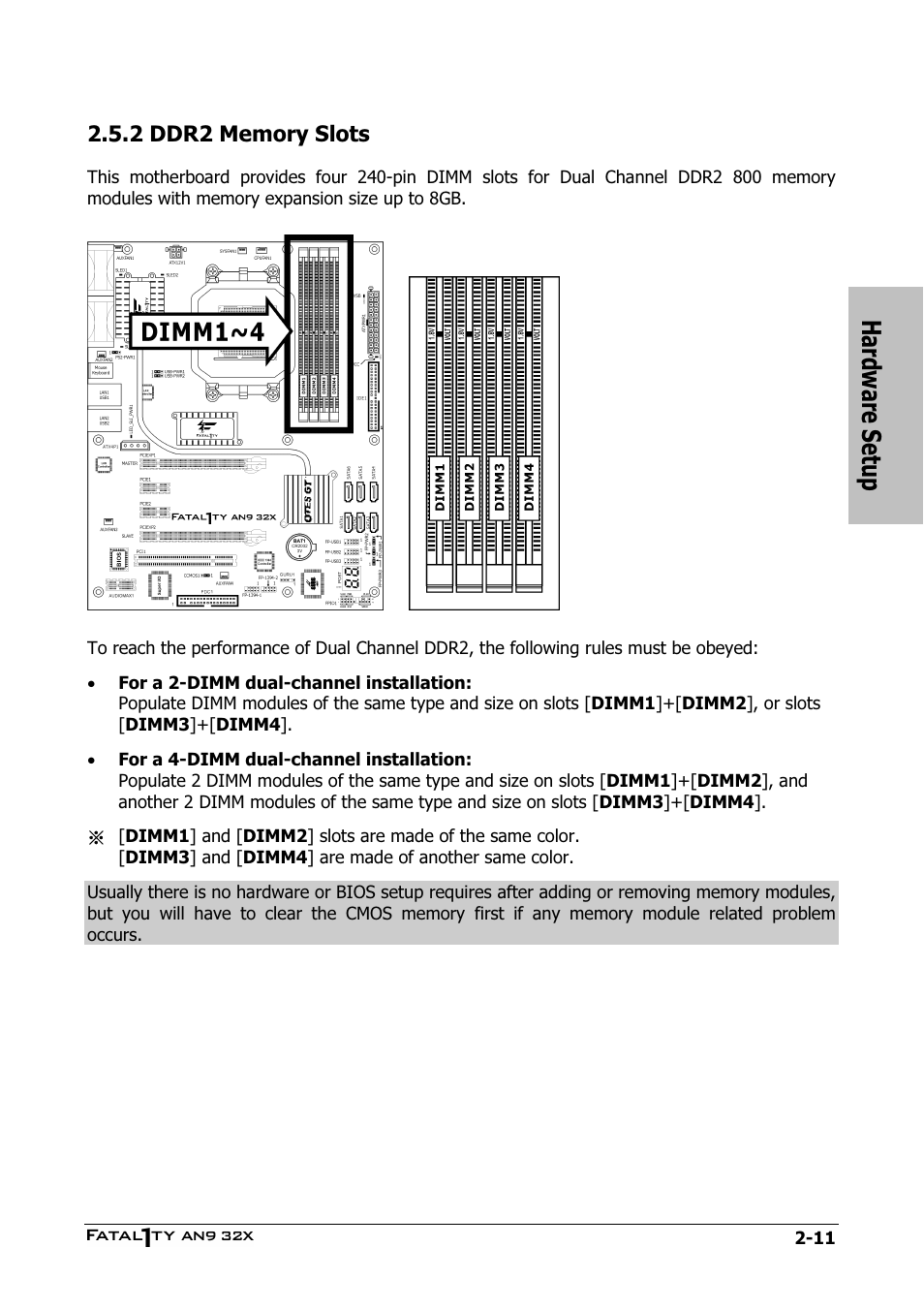 Ddr2 memory slots, 2 ddr2 memory slots -11, Hardware setup | Abit AN9 32X User Manual | Page 21 / 56