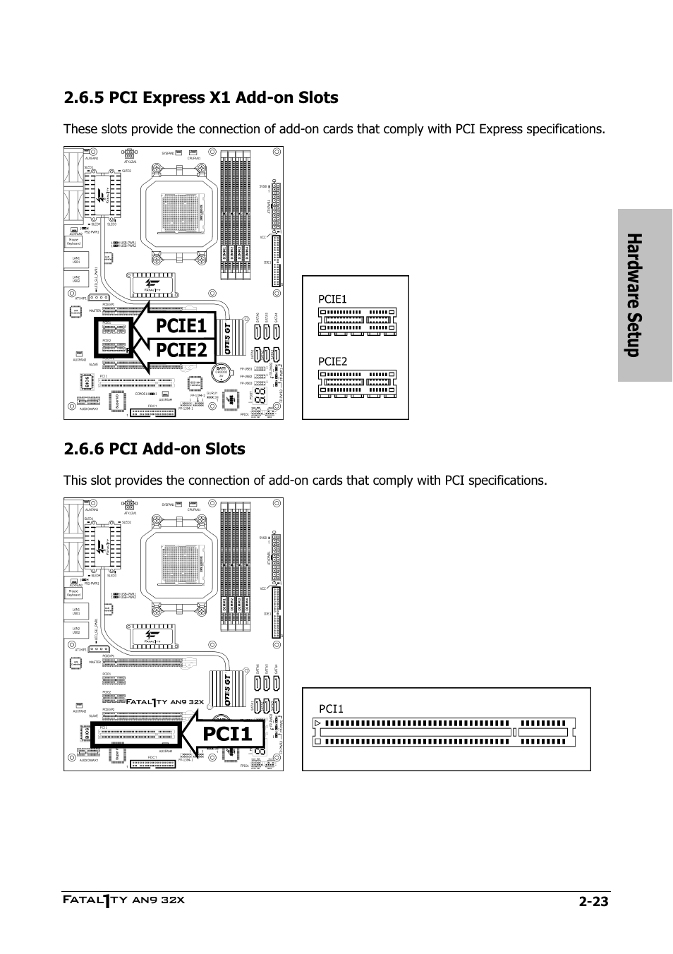 Pci express x1 add-on slots, Pci add-on slots, 5 pci express x1 add-on slots -23 | 6 pci add-on slots -23, Hardware setup | Abit AN9 32X User Manual | Page 33 / 56