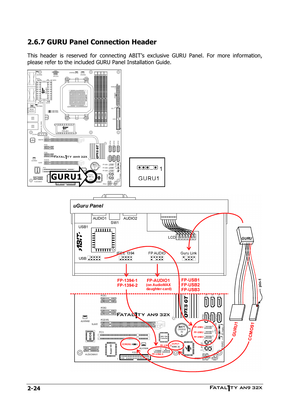 Guru panel connection header, 7 guru panel connection header -24, 7 guru panel connection header | Abit AN9 32X User Manual | Page 34 / 56