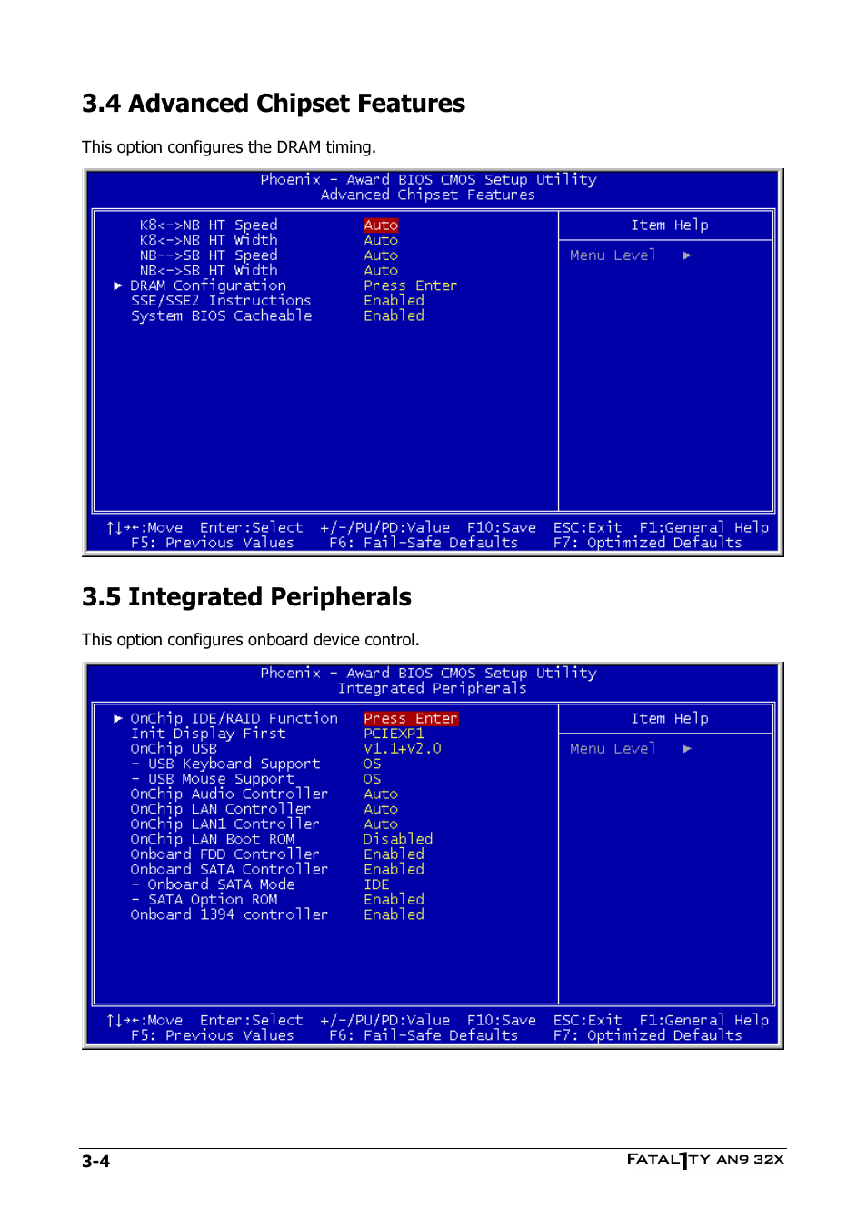 Advanced chipset features, Integrated peripherals, 4 advanced chipset features -4 | 5 integrated peripherals -4, 4 advanced chipset features, 5 integrated peripherals | Abit AN9 32X User Manual | Page 42 / 56