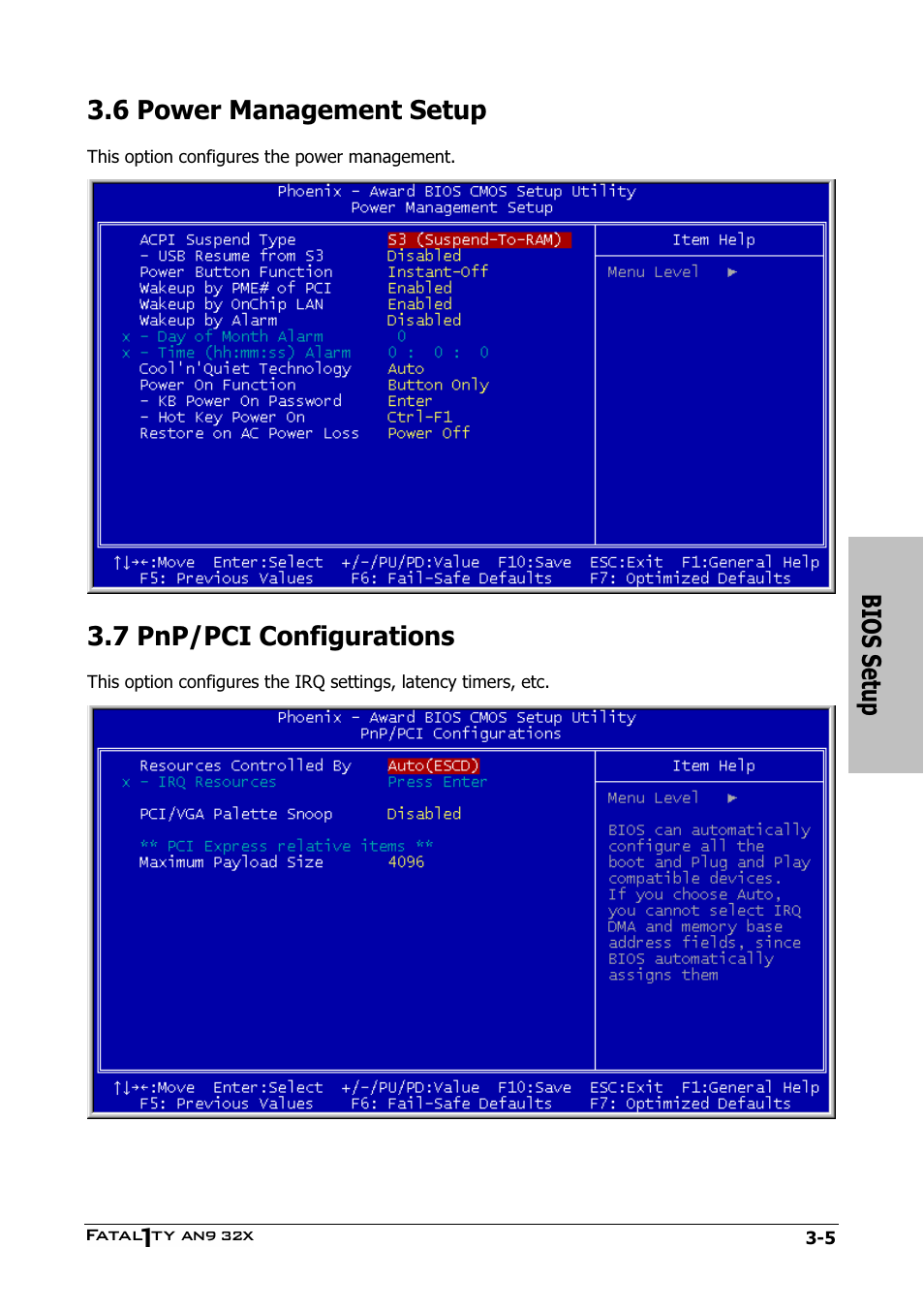 Power management setup, Pnp/pci configurations, 6 power management setup -5 | 7 pnp/pci configurations -5, Bios setup, 6 power management setup, 7 pnp/pci configurations | Abit AN9 32X User Manual | Page 43 / 56