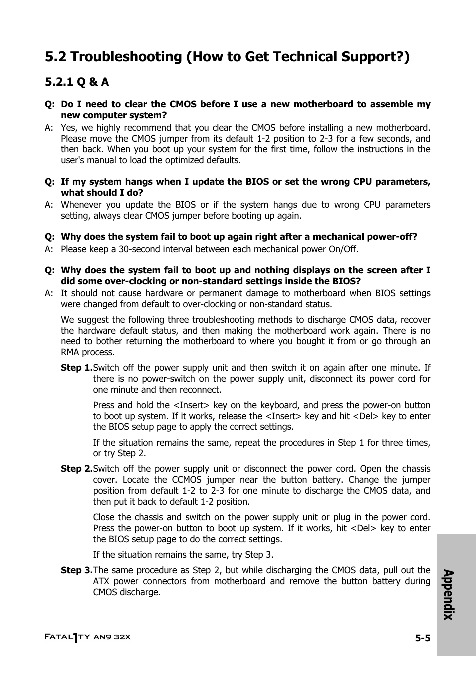 Troubleshooting (how to get technical support?), Q & a, 1 q & a -5 | Appendix, 2 troubleshooting (how to get technical support?) | Abit AN9 32X User Manual | Page 51 / 56