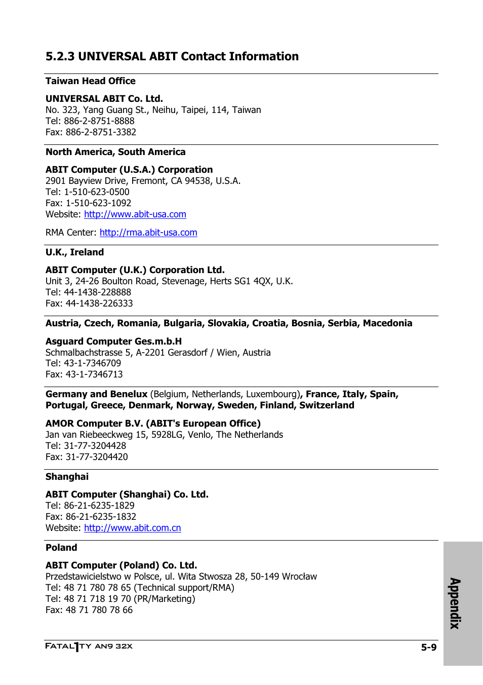 Universal abit contact information, 3 universal abit contact information -9, Appendix | 3 universal abit contact information | Abit AN9 32X User Manual | Page 55 / 56