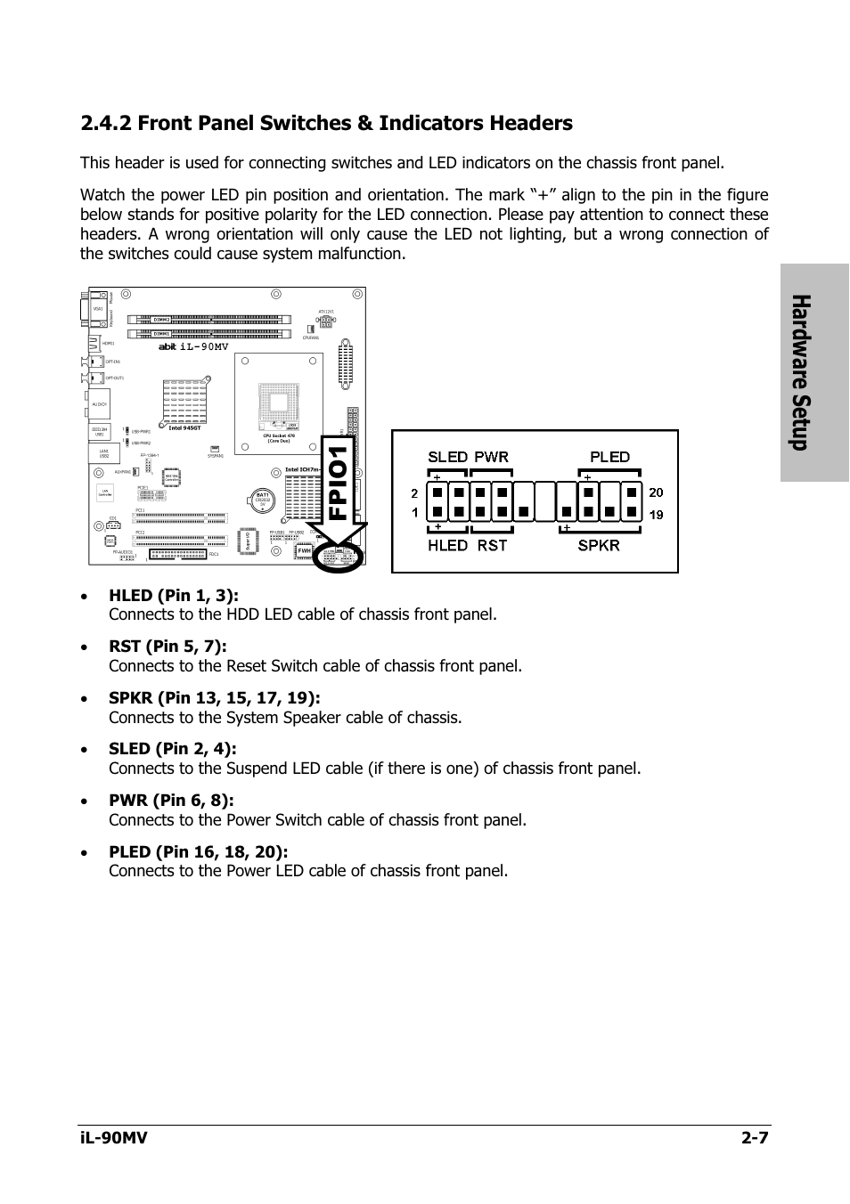 Front panel switches & indicators headers, 2 front panel switches & indicators headers -7, Hardware setup | Abit IL-90MV User Manual | Page 15 / 72
