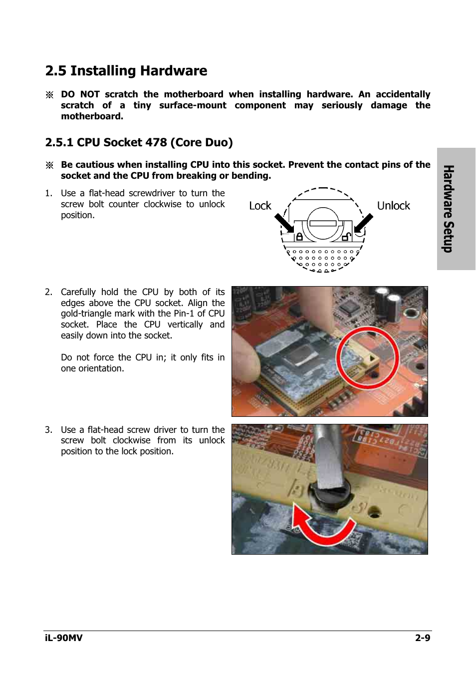 Installing hardware, Cpu socket 478 (core duo), 5 installing hardware -9 | 1 cpu socket 478 (core duo) -9, Hardware setup, 5 installing hardware | Abit IL-90MV User Manual | Page 17 / 72