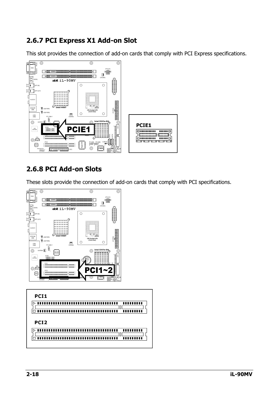 Pci express x1 add-on slot, Pci add-on slots, 7 pci express x1 add-on slot -18 | 8 pci add-on slots -18 | Abit IL-90MV User Manual | Page 26 / 72