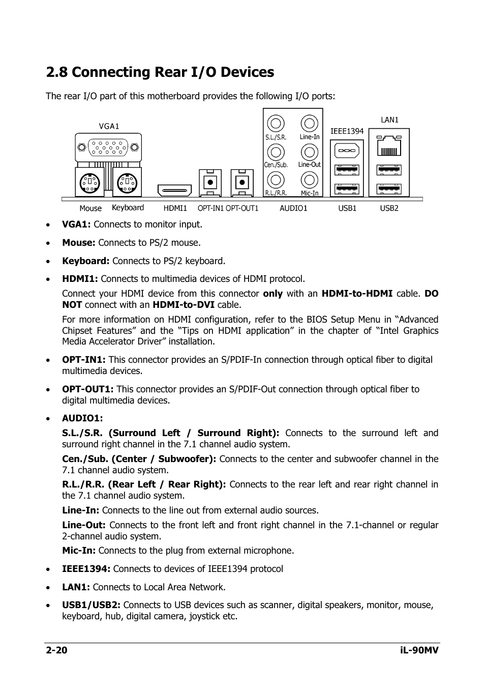 Connecting rear i/o devices, 8 connecting rear i/o devices -20, 8 connecting rear i/o devices | Abit IL-90MV User Manual | Page 28 / 72