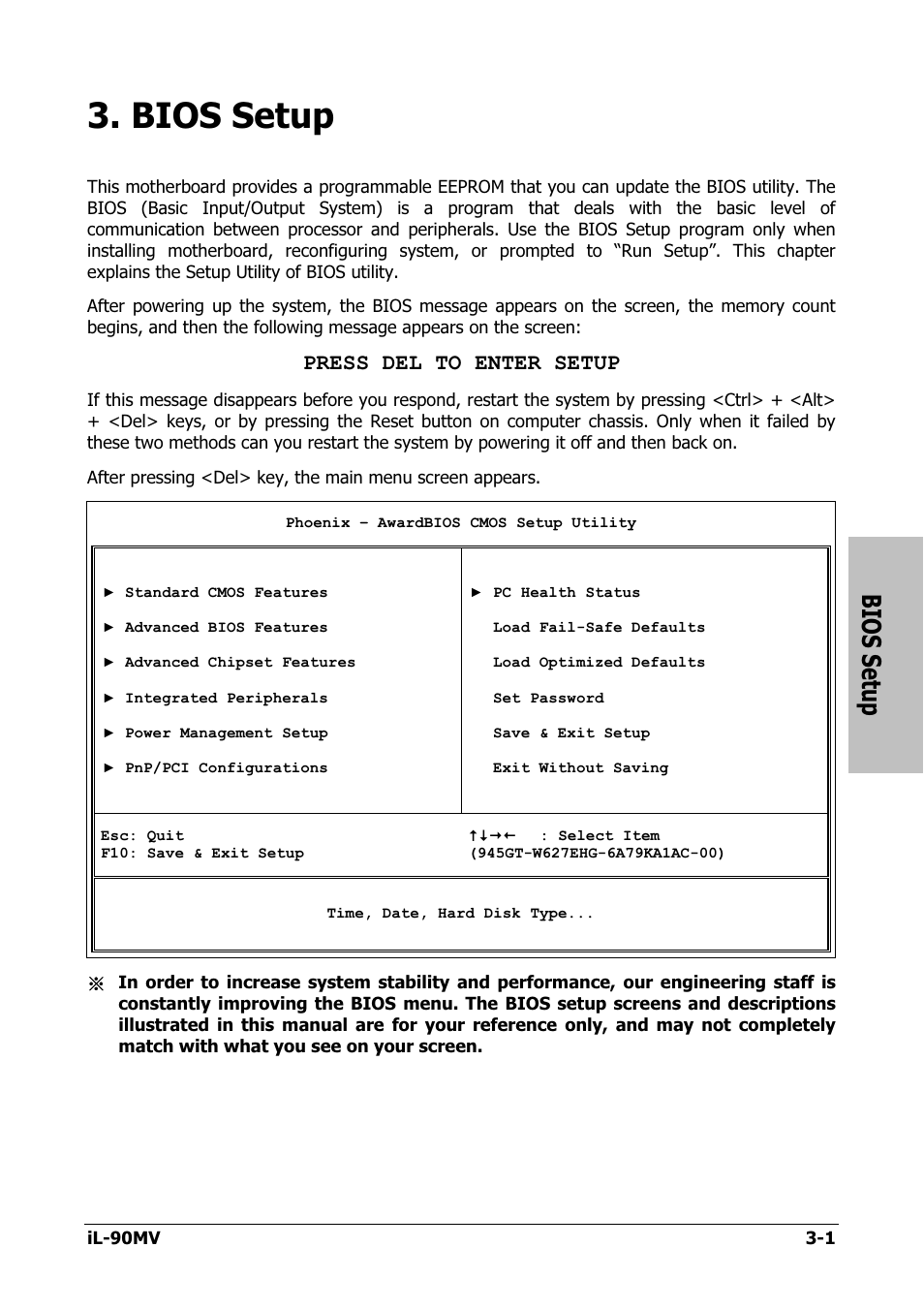 Bios setup, Bios setup -1, Press del to enter setup | Abit IL-90MV User Manual | Page 29 / 72