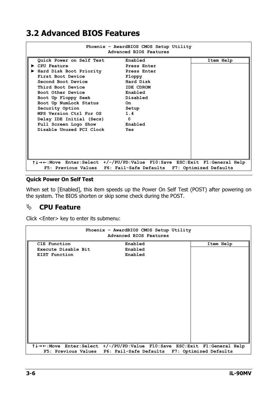 Advanced bios features, 2 advanced bios features -6, 2 advanced bios features | Cpu feature | Abit IL-90MV User Manual | Page 34 / 72