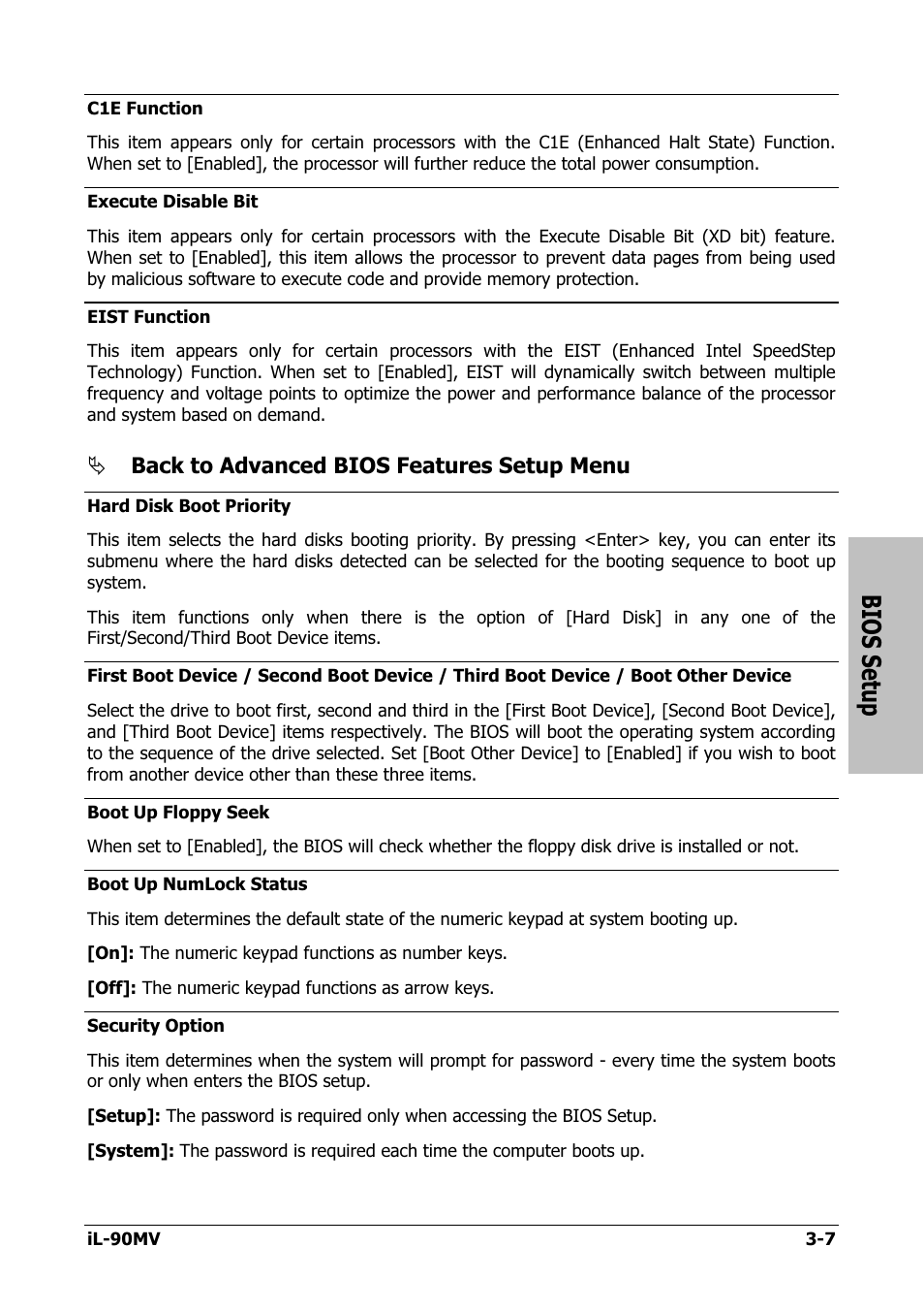 Bios setup, Back to advanced bios features setup menu | Abit IL-90MV User Manual | Page 35 / 72