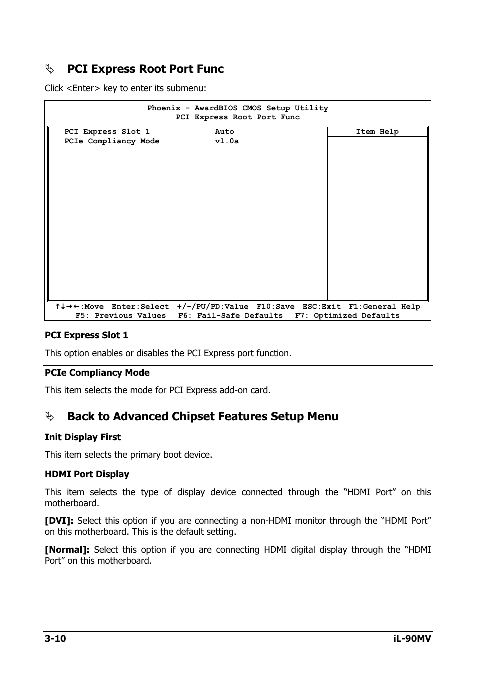 Pci express root port func, Back to advanced chipset features setup menu | Abit IL-90MV User Manual | Page 38 / 72