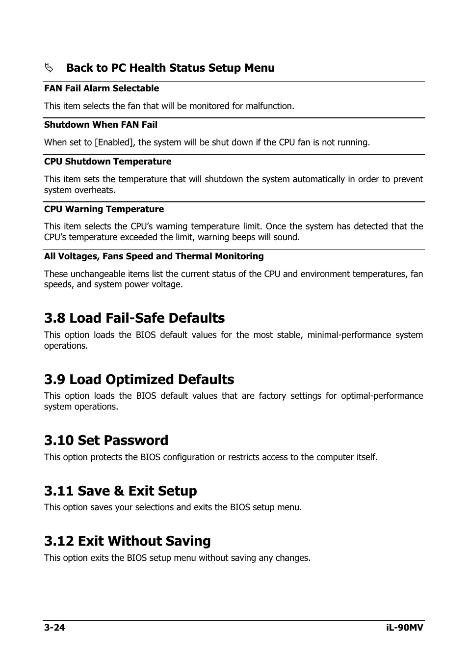 Load fail-safe defaults, Load optimized defaults, Set password | Save & exit setup, Exit without saving, 8 load fail-safe defaults -24, 9 load optimized defaults -24, 10 set password -24, 11 save & exit setup -24, 12 exit without saving -24 | Abit IL-90MV User Manual | Page 52 / 72