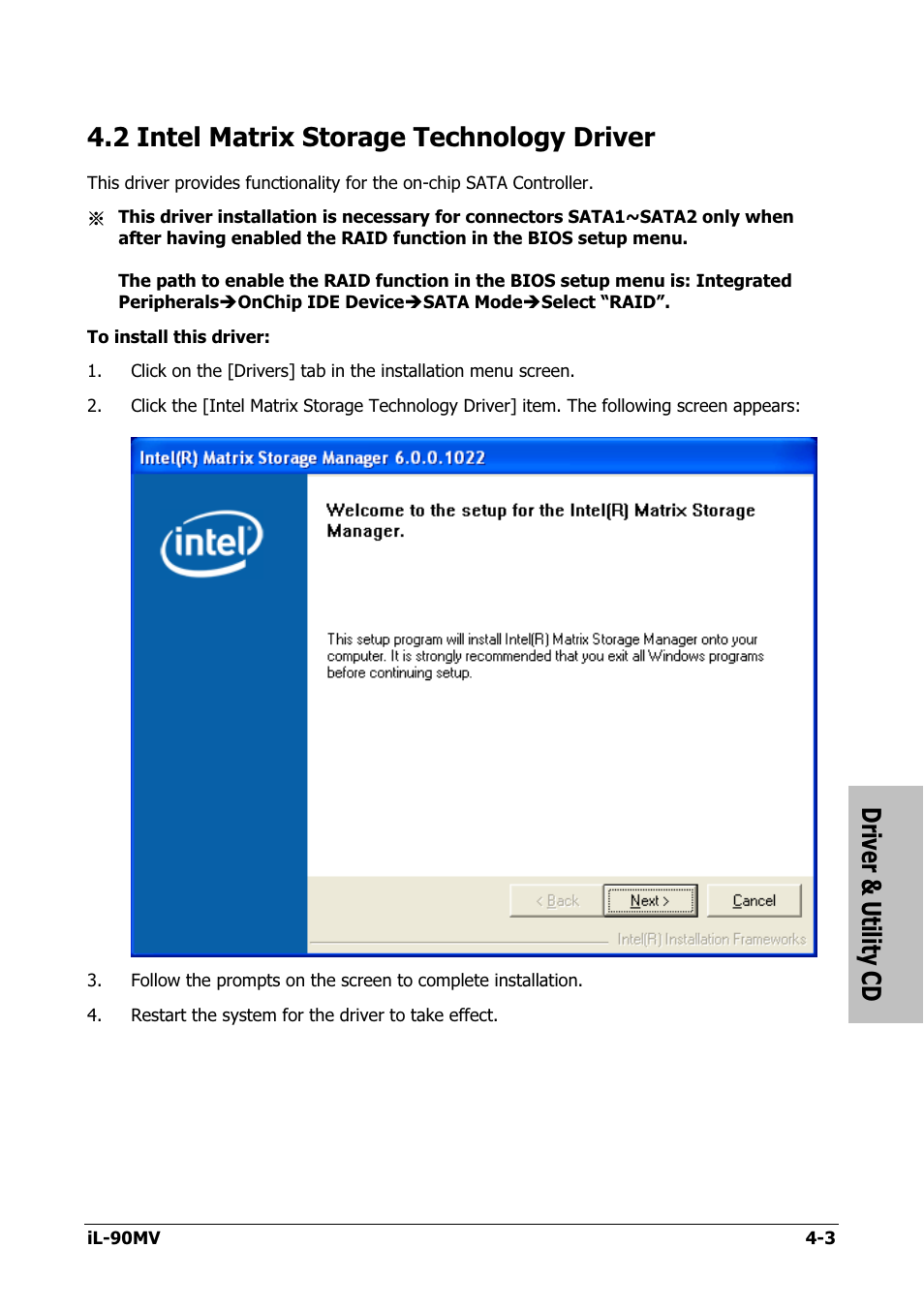 Intel matrix storage technology driver, 2 intel matrix storage technology driver -3, Driver & utility cd | 2 intel matrix storage technology driver | Abit IL-90MV User Manual | Page 55 / 72