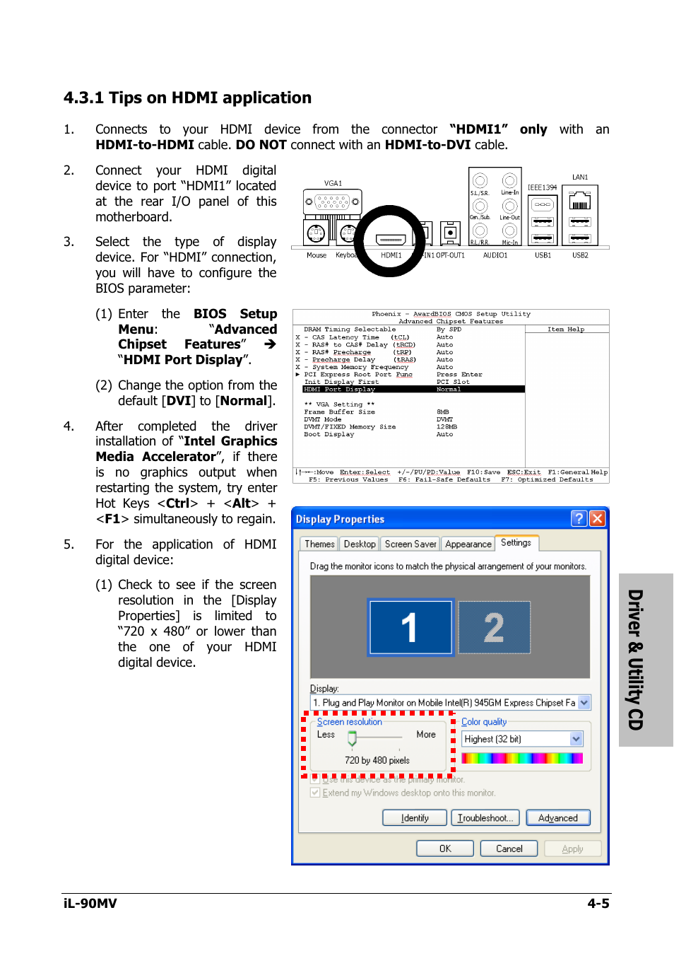 Tips on hdmi application, 1 tips on hdmi application -5, Driver & utility cd | 1 tips on hdmi application | Abit IL-90MV User Manual | Page 57 / 72