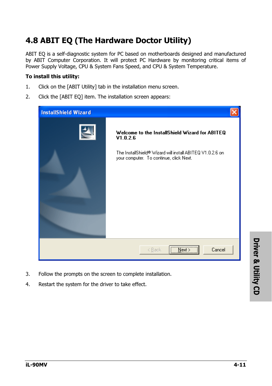 Abit eq (the hardware doctor utility), 8 abit eq (the hardware doctor utility) -11, Driver & utility cd | 8 abit eq (the hardware doctor utility) | Abit IL-90MV User Manual | Page 63 / 72