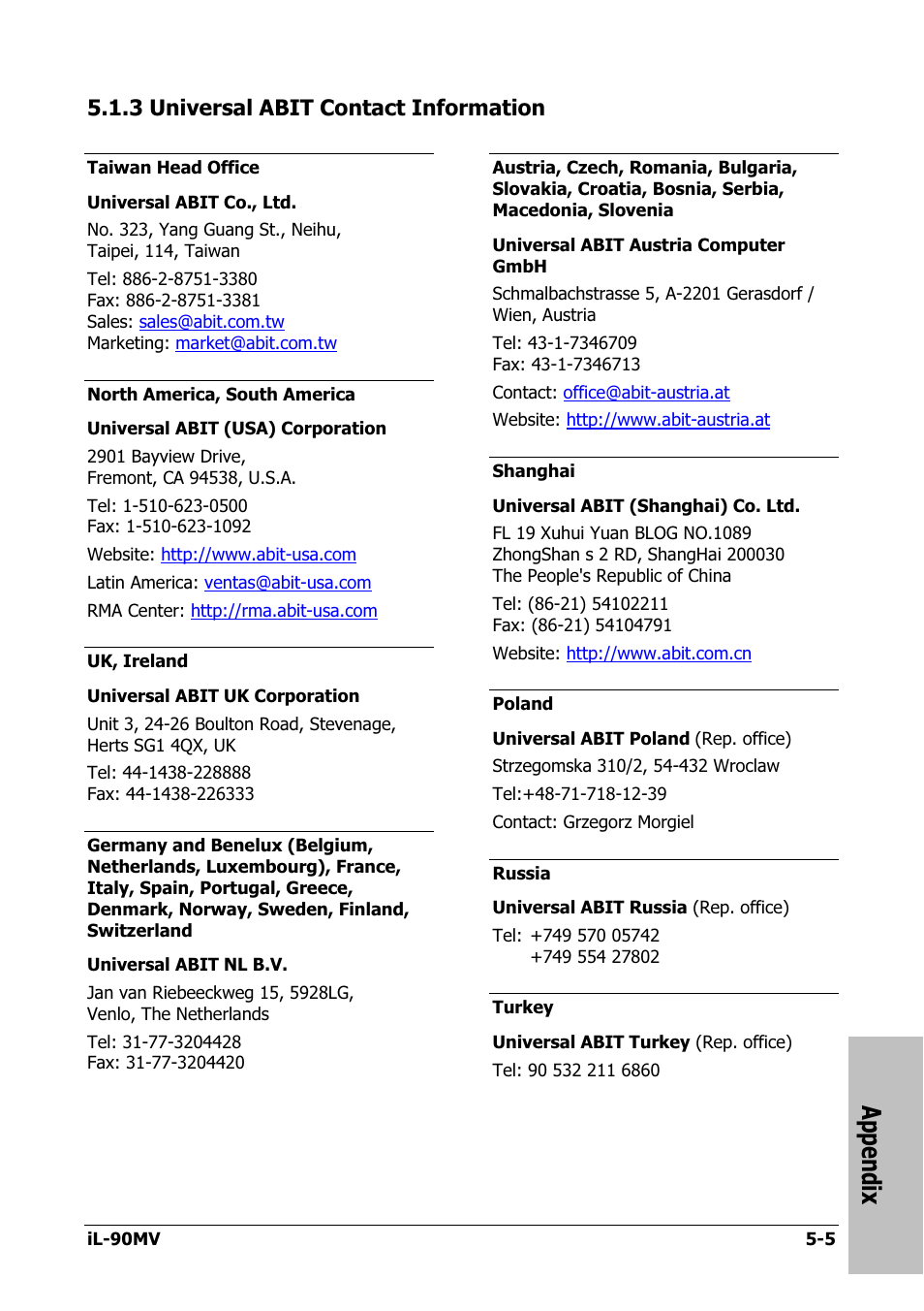 Universal abit contact information, 3 universal abit contact information -5, Appendix | 3 universal abit contact information | Abit IL-90MV User Manual | Page 71 / 72