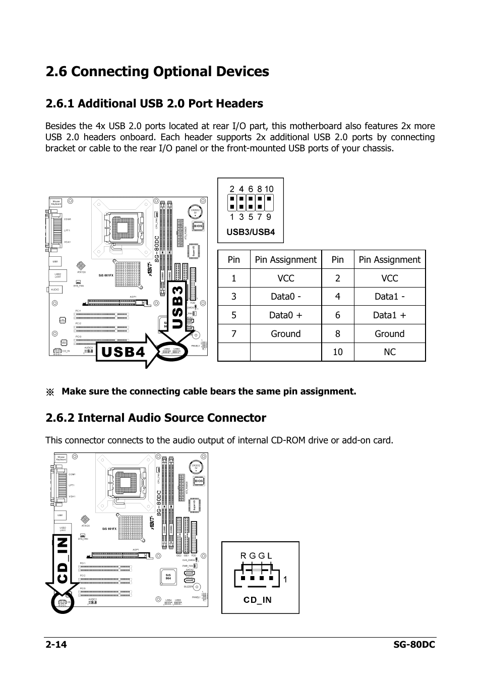 Connecting optional devices, Additional usb 2.0 port headers, Internal audio source connector | 6 connecting optional devices -14, 1 additional usb 2.0 port headers -14, 2 internal audio source connector -14, 6 connecting optional devices | Abit SG-80DC User Manual | Page 22 / 32