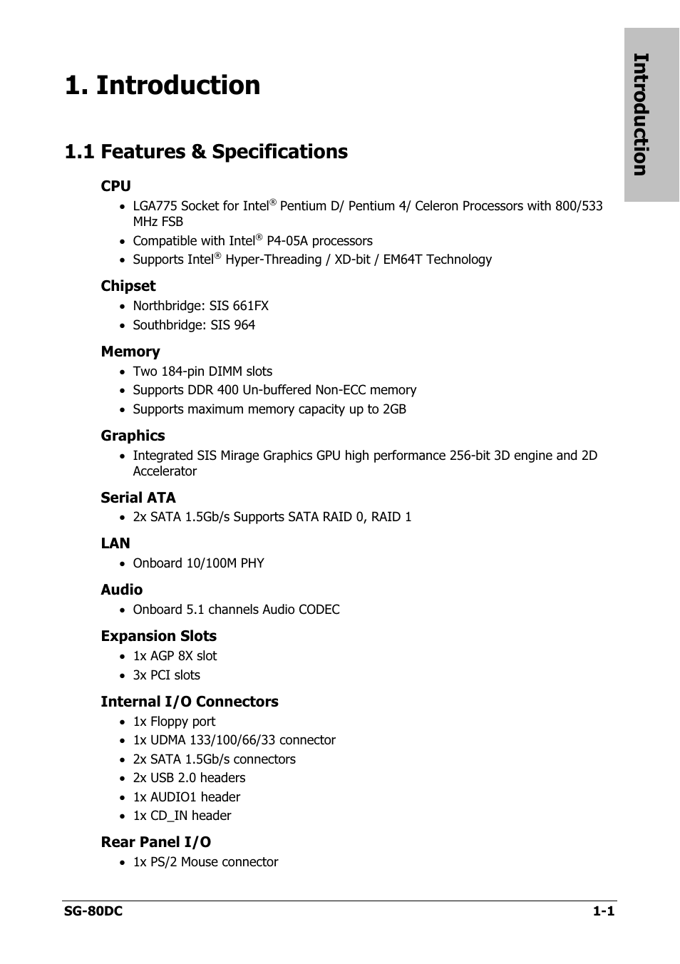 Introduction, Features & specifications, Introduction -1 | 1 features & specifications -1, 1 features & specifications | Abit SG-80DC User Manual | Page 5 / 32