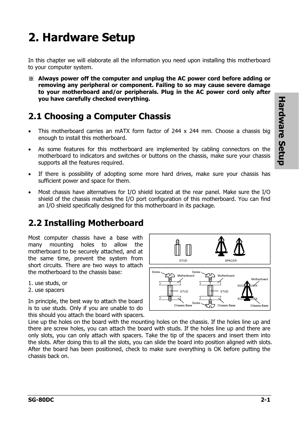 Hardware setup, Choosing a computer chassis, Installing motherboard | Hardware setup -1, 1 choosing a computer chassis -1, 2 installing motherboard -1, 1 choosing a computer chassis, 2 installing motherboard | Abit SG-80DC User Manual | Page 9 / 32