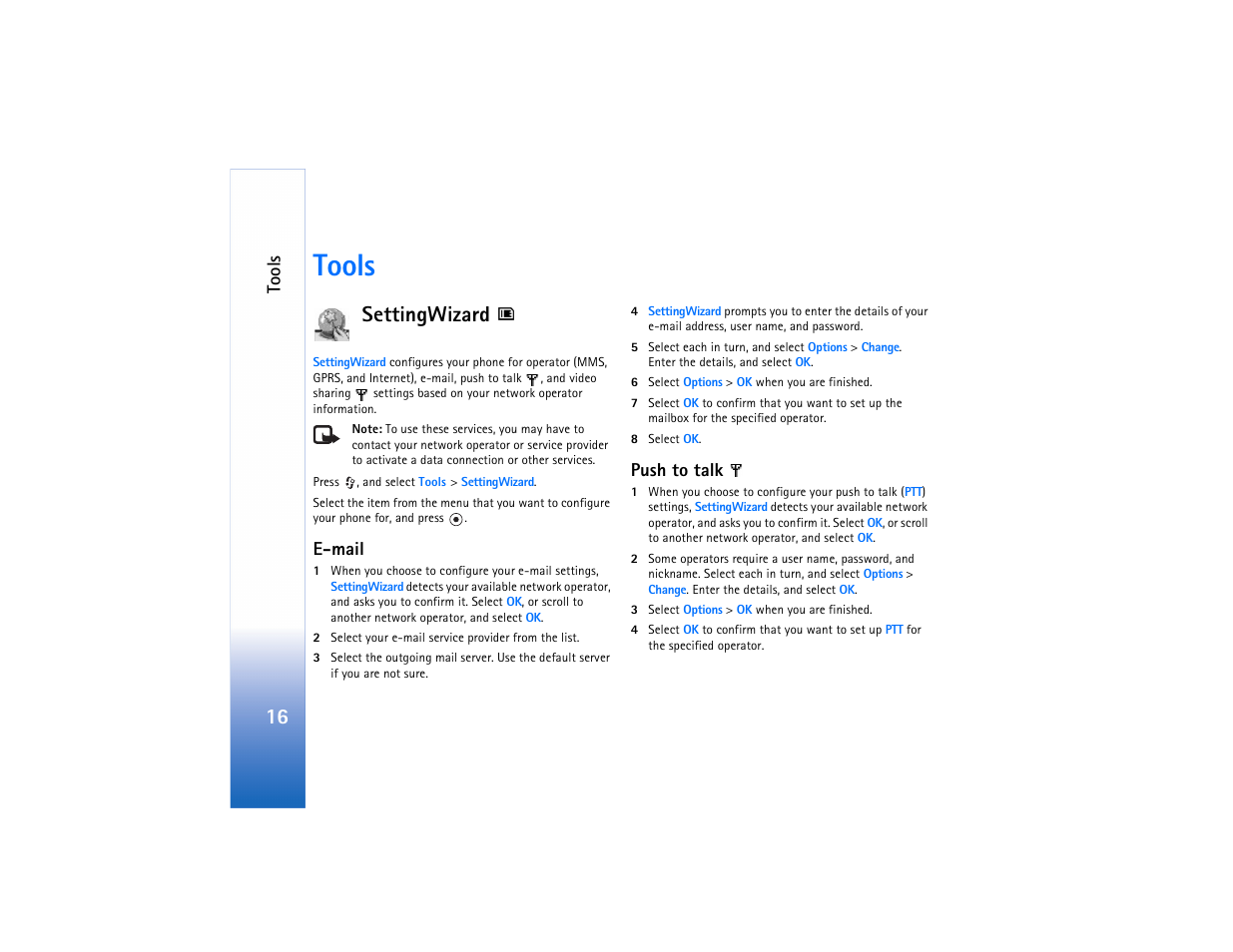 Tools, Settingwizard, E-mail | Push to talk | Nokia N90 User Manual | Page 21 / 33