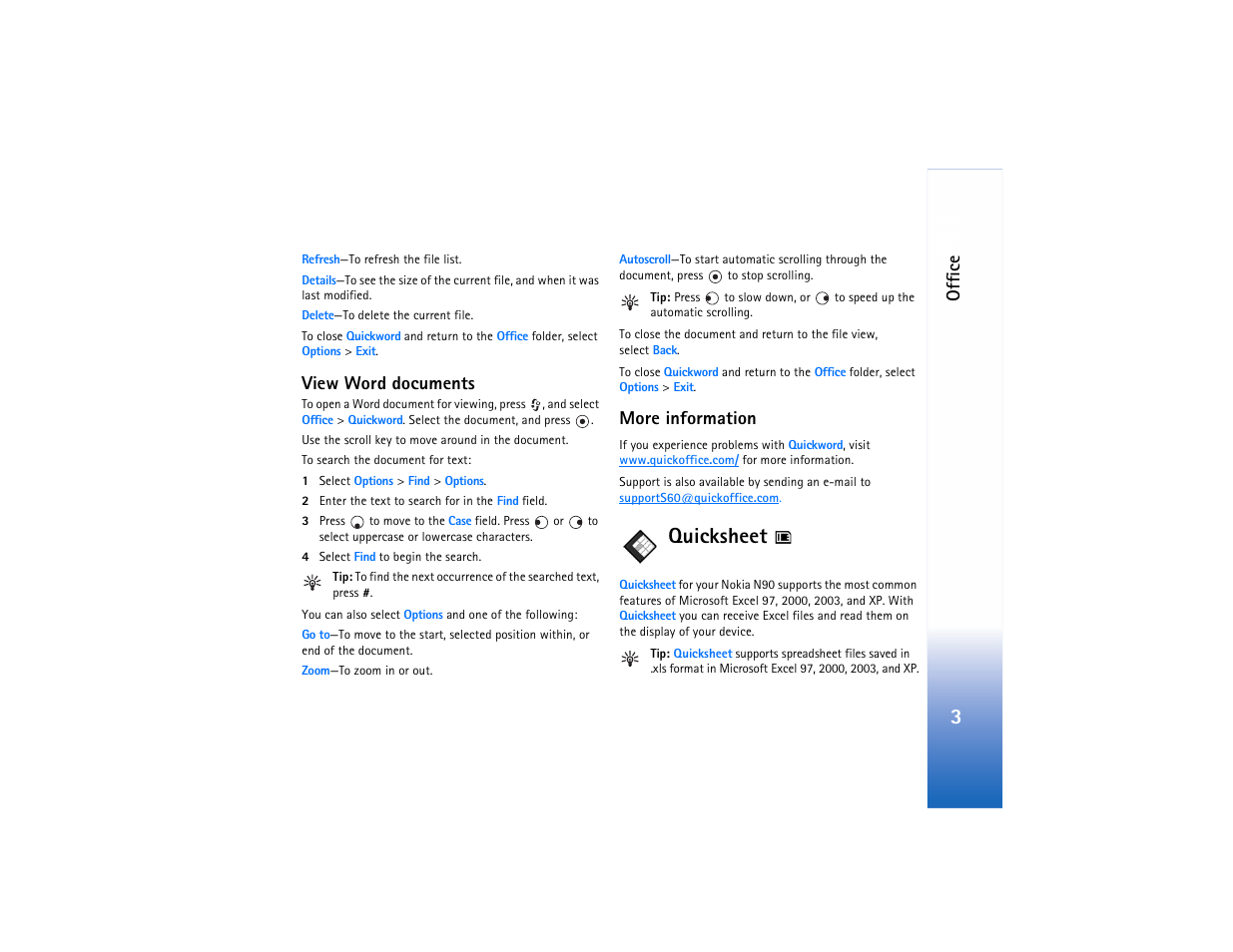 Quicksheet, Offic e, View word documents | More information | Nokia N90 User Manual | Page 8 / 33