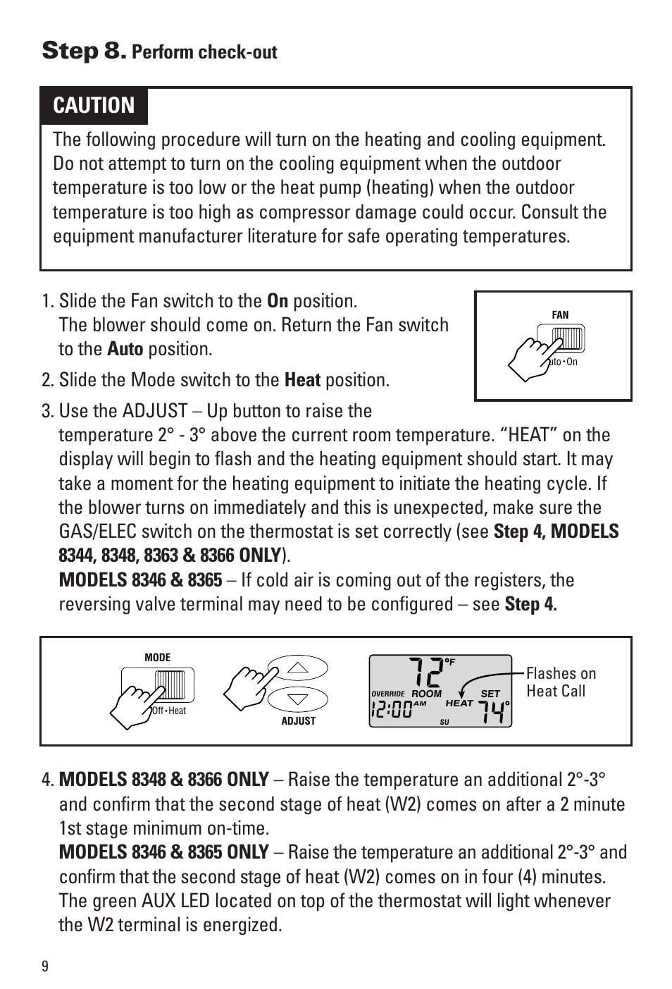Step 8, Caution, Flashes on heat call | Aprilaire 8344 User Manual | Page 10 / 16