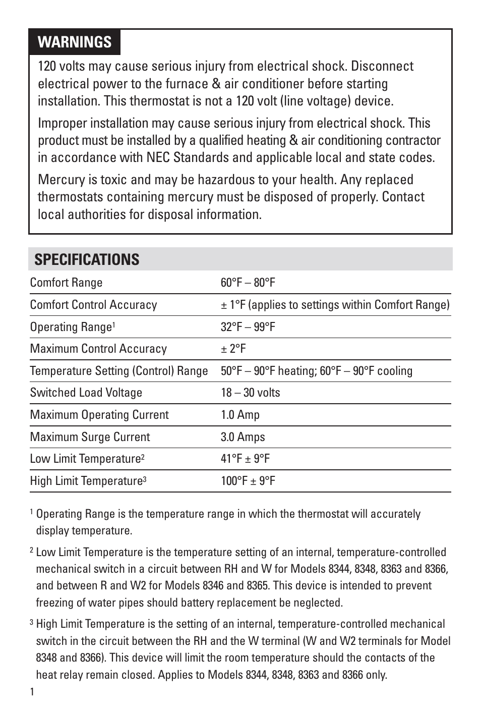 Specifications, Warnings | Aprilaire 8344 User Manual | Page 2 / 16