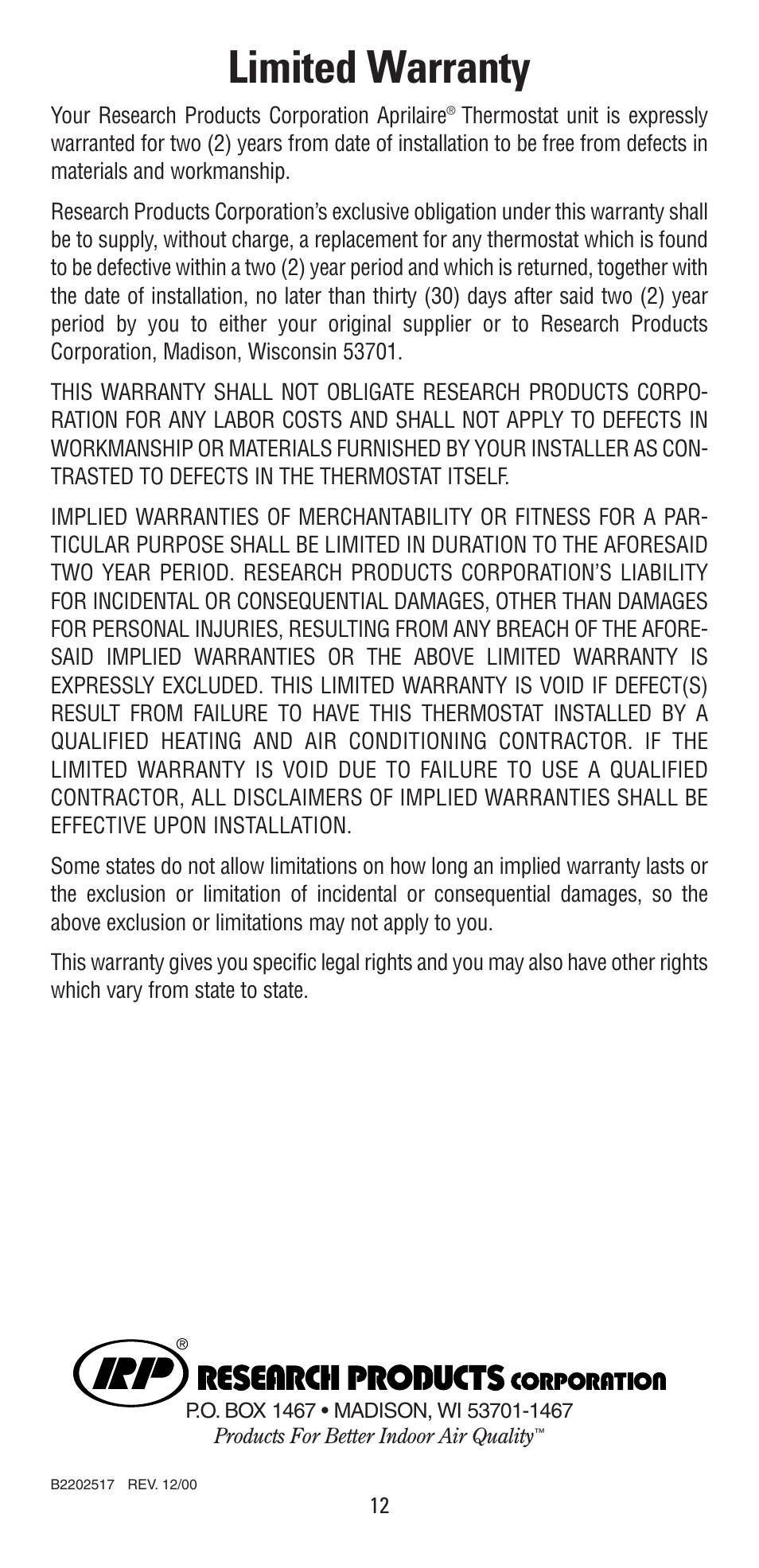 Limited warranty | Aprilaire 8353 User Manual | Page 12 / 12