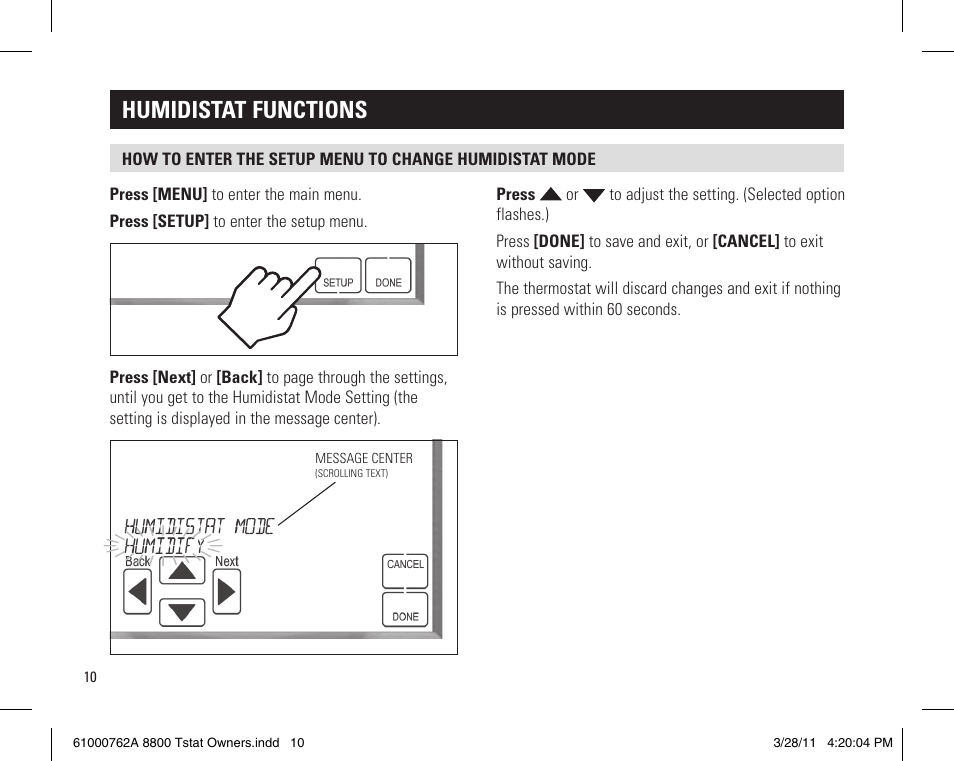 Humidistat functions | Aprilaire 8800 UNIVERSAL User Manual | Page 10 / 24