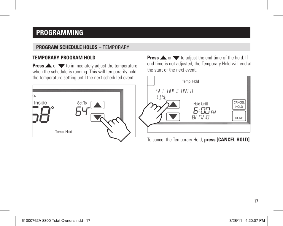 Programming | Aprilaire 8800 UNIVERSAL User Manual | Page 17 / 24