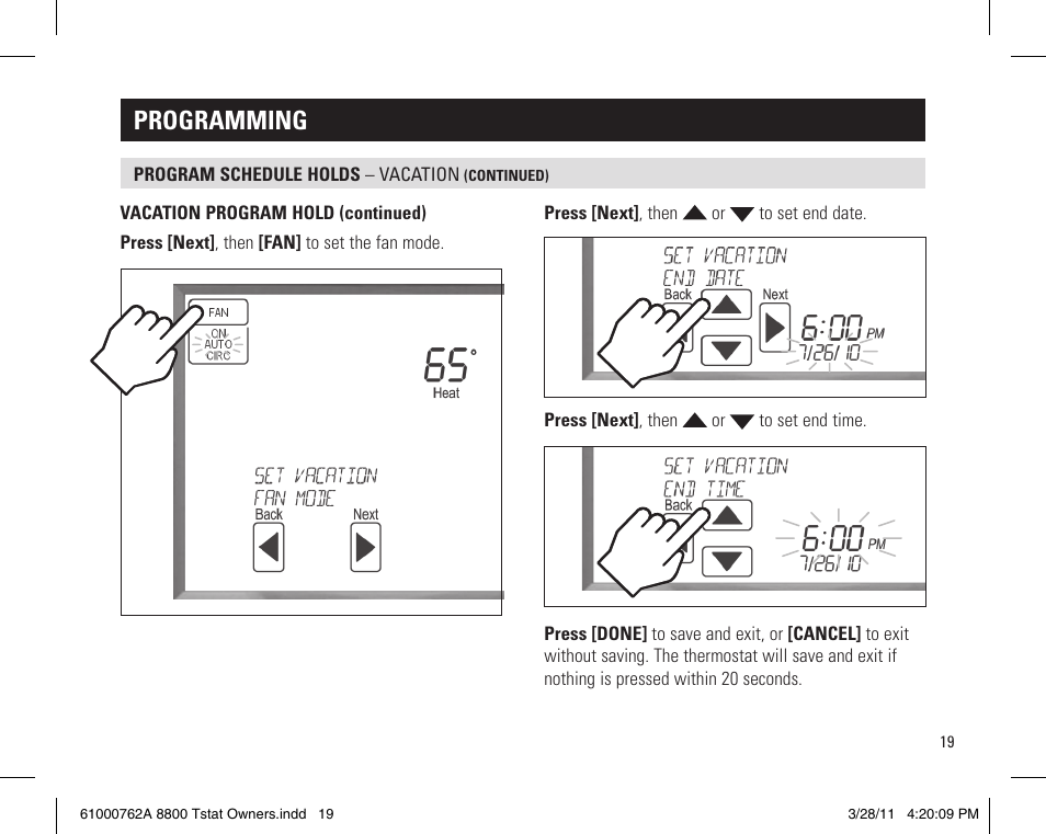 Programming | Aprilaire 8800 UNIVERSAL User Manual | Page 19 / 24