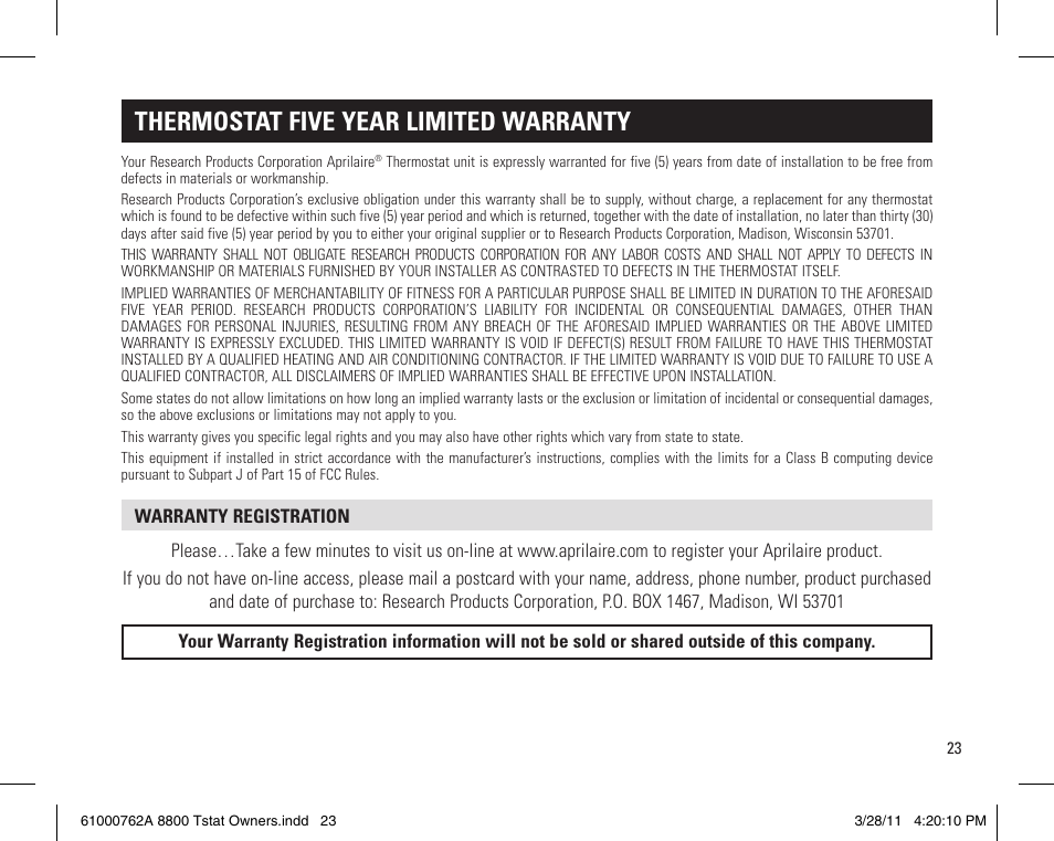 Thermostat five year limited warranty | Aprilaire 8800 UNIVERSAL User Manual | Page 23 / 24
