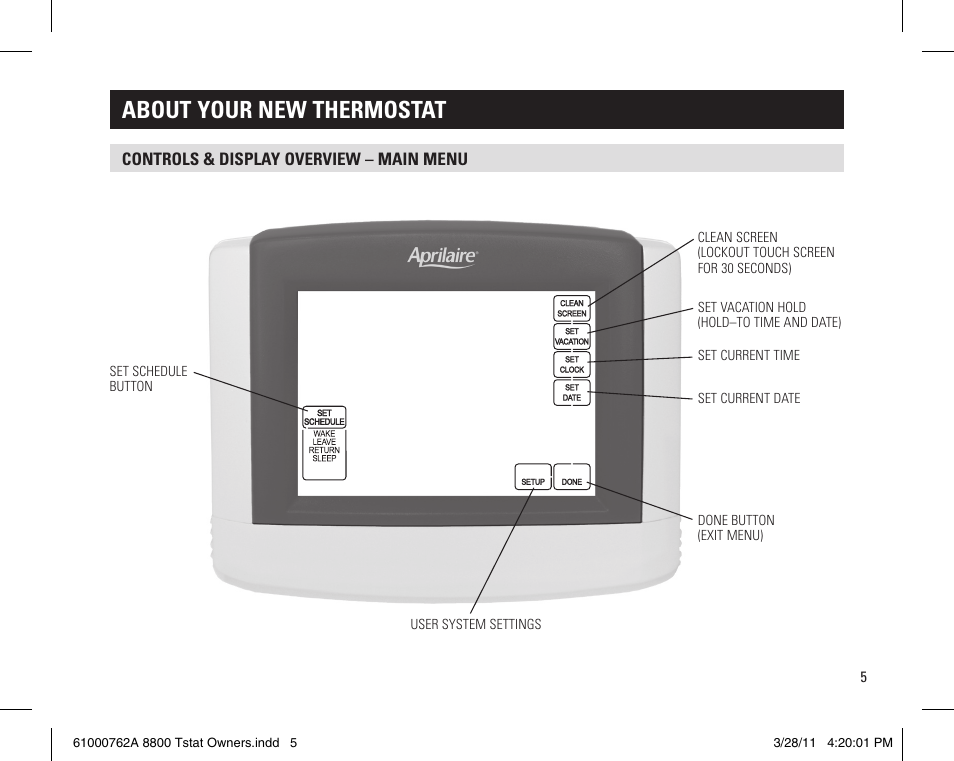 About your new thermostat | Aprilaire 8800 UNIVERSAL User Manual | Page 5 / 24