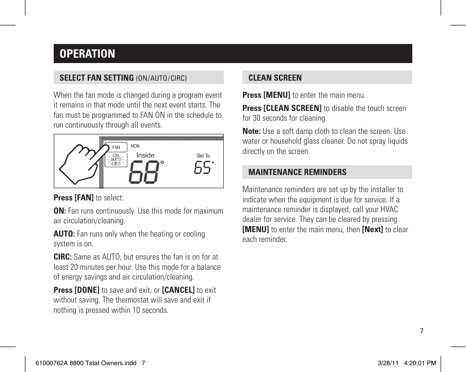 Operation | Aprilaire 8800 UNIVERSAL User Manual | Page 7 / 24