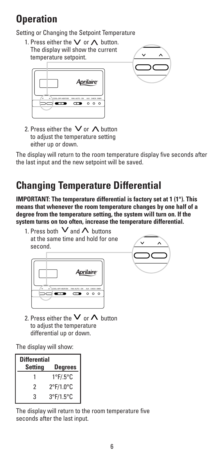 Operation, Changing temperature differential | Aprilaire 8336 User Manual | Page 6 / 16