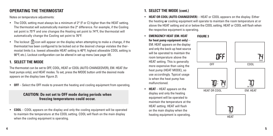 Operating the thermostat, Select the mode (cont.), Select the mode | Aprilaire 8870 User Manual | Page 4 / 11