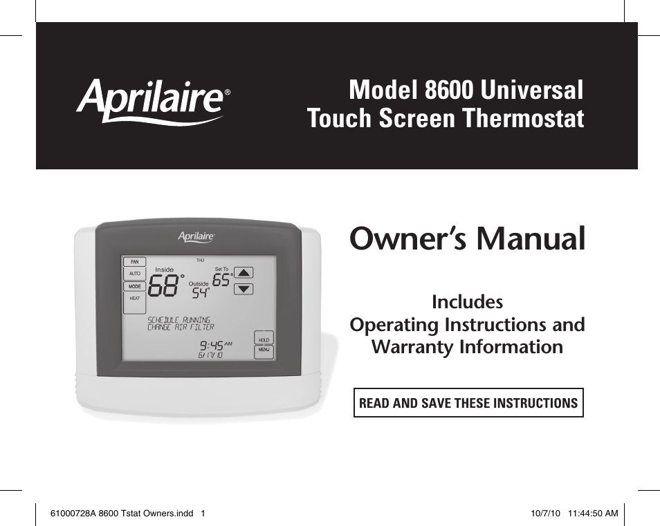 Aprilaire 8600 User Manual | 20 pages