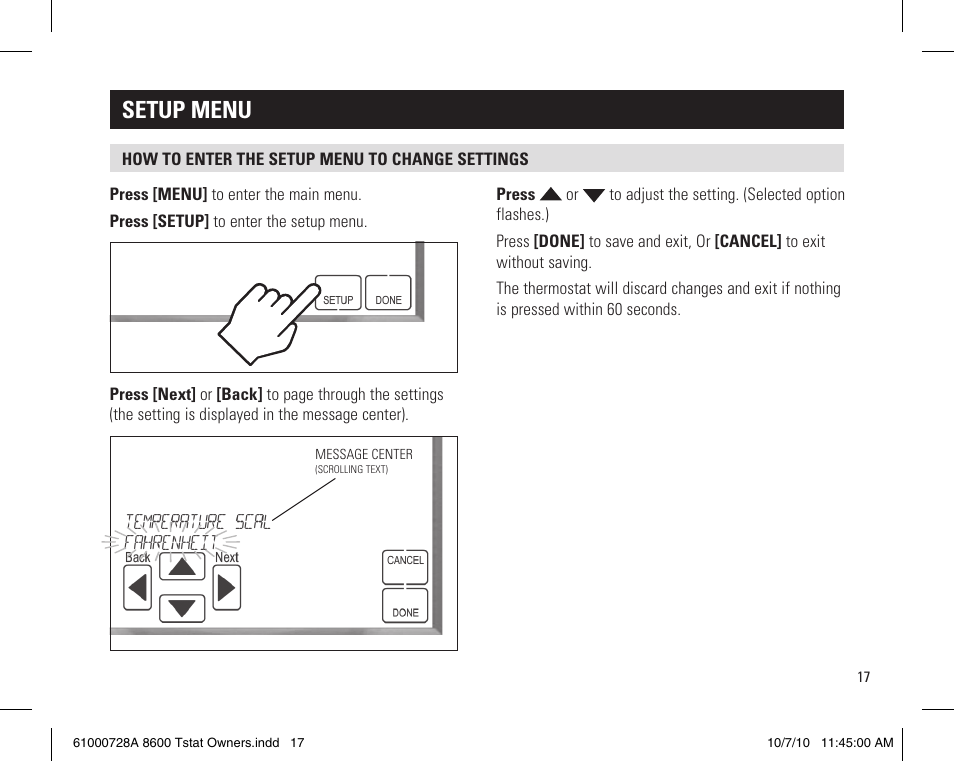 Setup menu | Aprilaire 8600 User Manual | Page 17 / 20