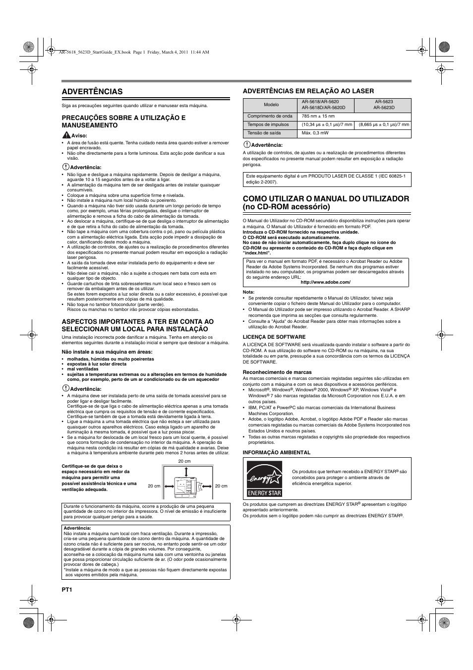 Advertências, Precauções sobre a utilização e manuseamento, Advertências em relação ao laser | Sharp AR-5618 User Manual | Page 22 / 36
