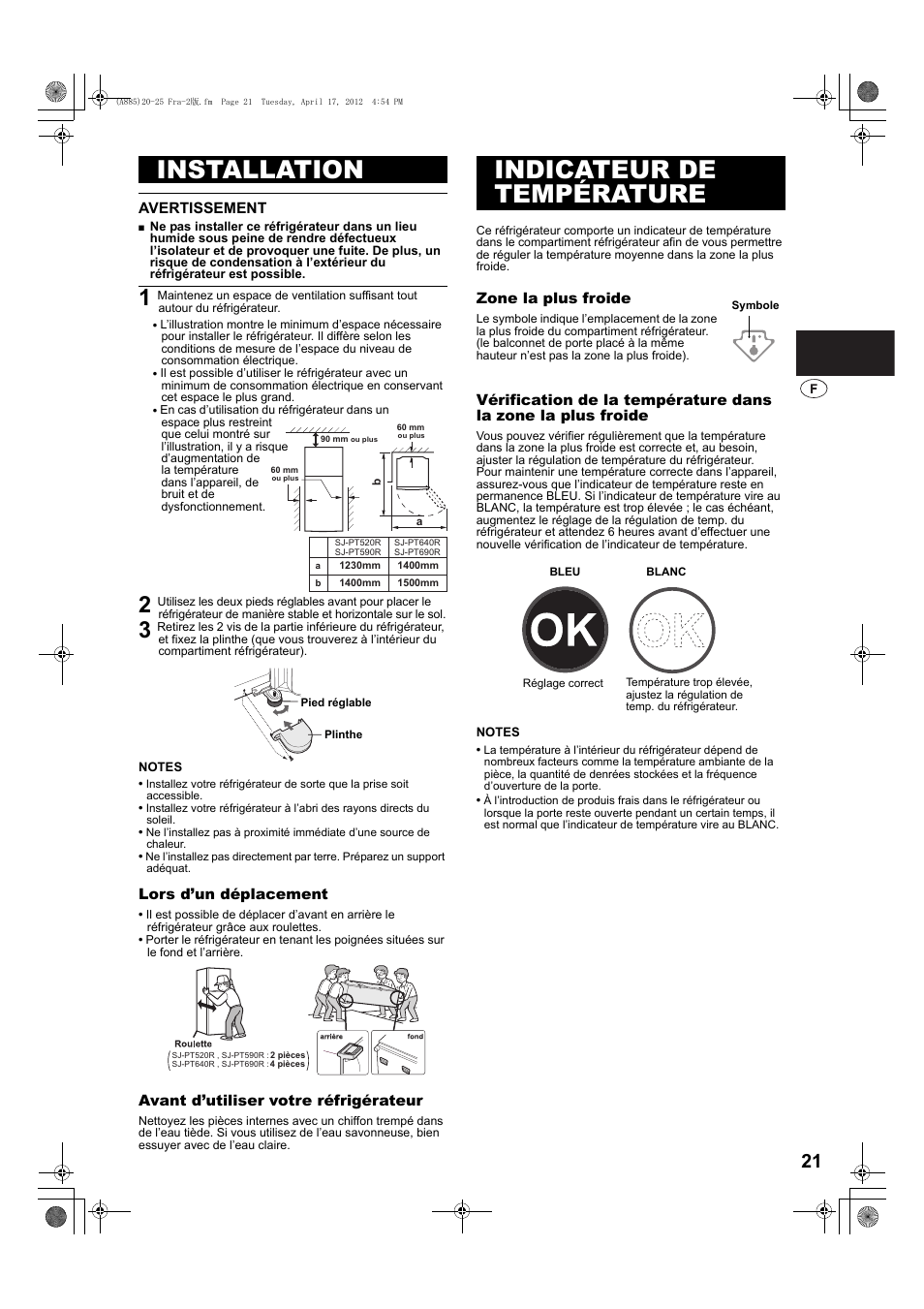 Installation, Indicateur de température | Sharp SJ-PT690RS User Manual | Page 21 / 116