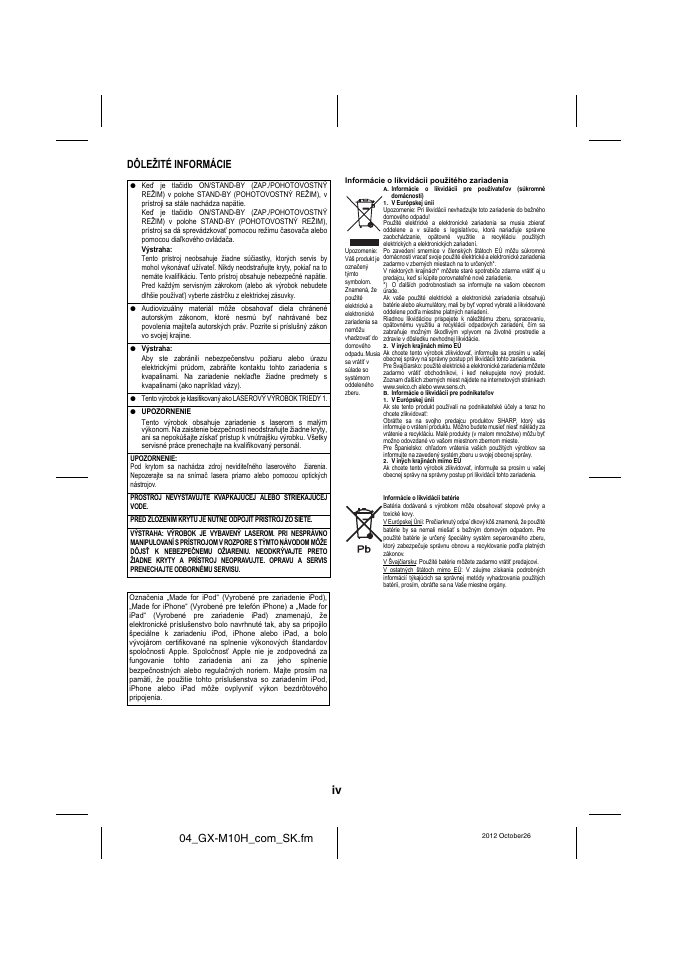 04_gx-m10h_com_sk.fm, Dôležité informácie | Sharp GX-M10HOR User Manual | Page 5 / 58
