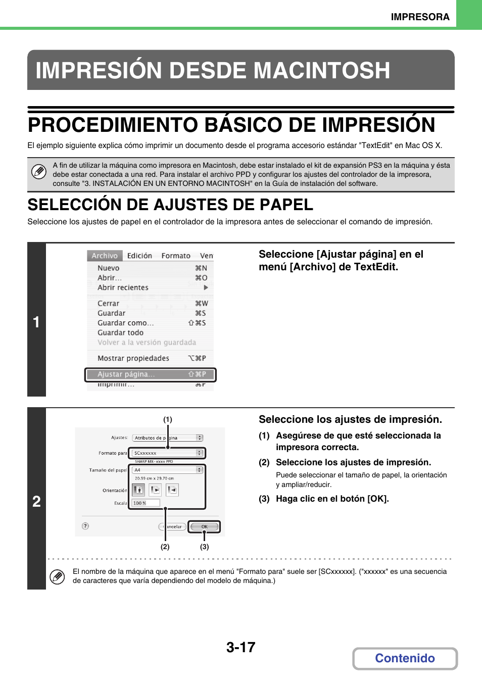 Impresión desde macintosh, Procedimiento básico de impresión -17, Selección de ajustes de papel -17 | Procedimiento básico de impresión, Selección de ajustes de papel | Sharp MX-2614N User Manual | Page 284 / 839