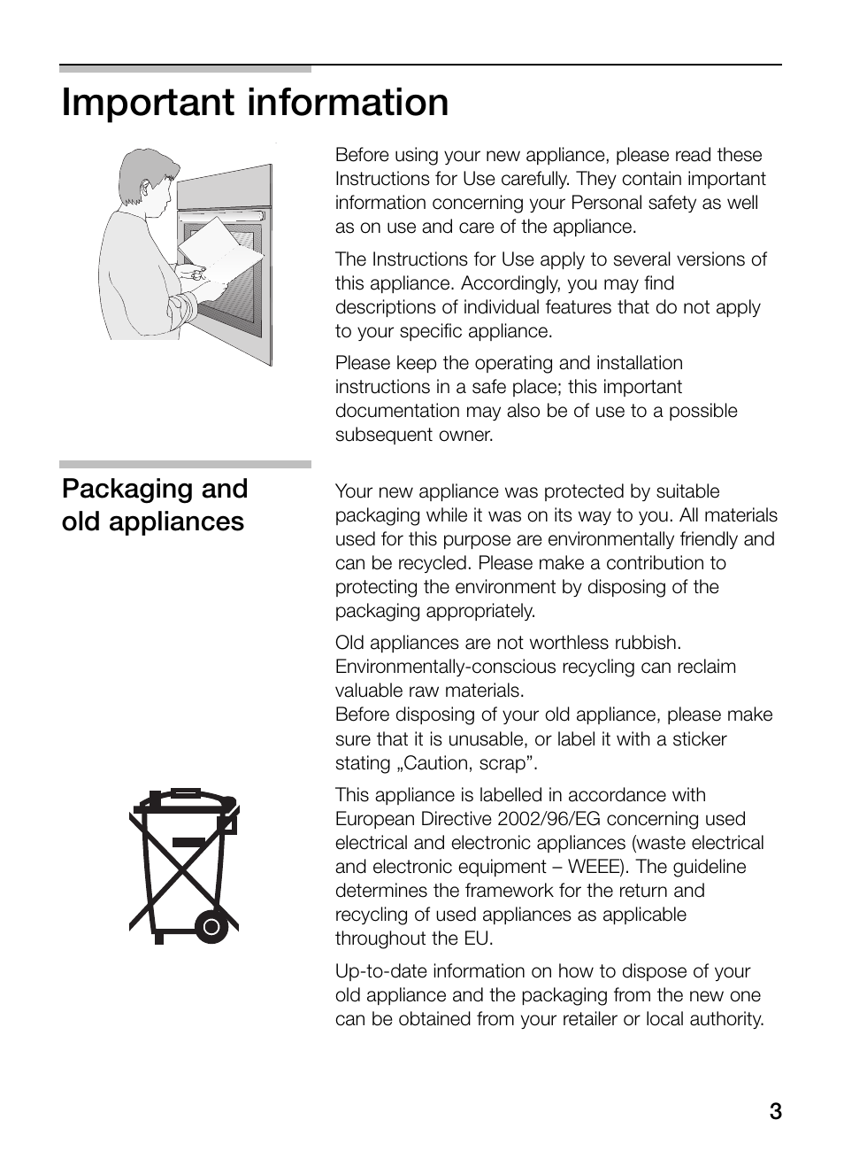 Important information, Packaging and, Old appliances | Neff B132 User Manual | Page 3 / 32