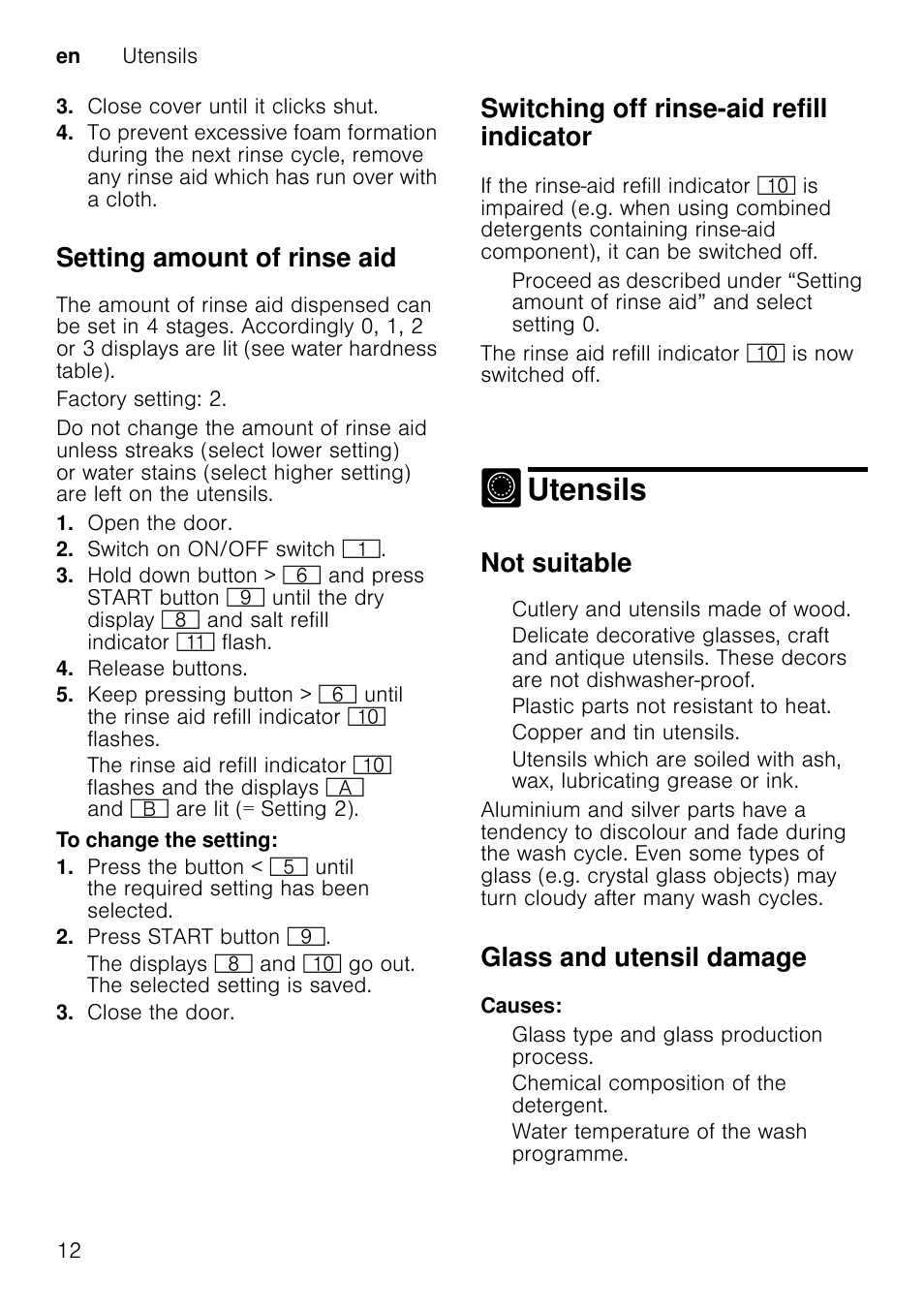 Pans, Bottom basket 1b, Cutlery basket | Etagereetagere, Utensils, Setting amount of rinse aid, Switching off rinse-aid refill indicator, Not suitable, Glass and utensil damage | Neff S51E50X1GB User Manual | Page 12 / 40