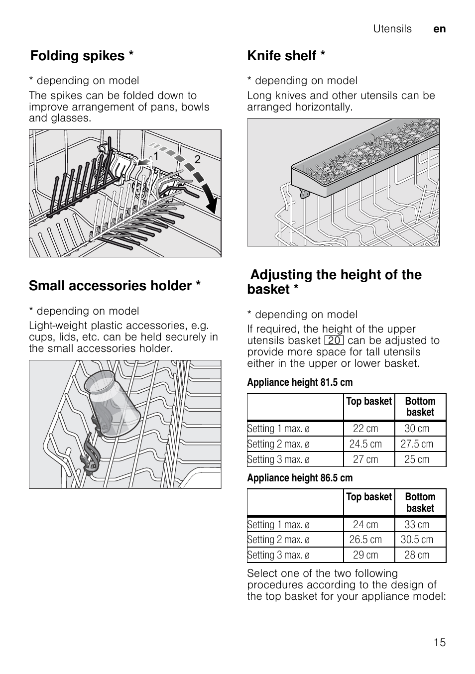 Adding detergent, Combination detergent, M warning | Folding spikes, Small accessories holder, Knife shelf, Adjusting the height of the basket | Neff S51E50X1GB User Manual | Page 15 / 40