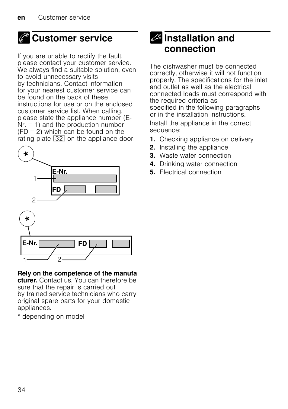 Installation, Waste-water connection, Drinking water connection | Water pressure, Inlet rate, Minimum 10 litres/minute, Water temperature, Note printing on the water inlet hose, For all other models, Customer service | Neff S51E50X1GB User Manual | Page 34 / 40