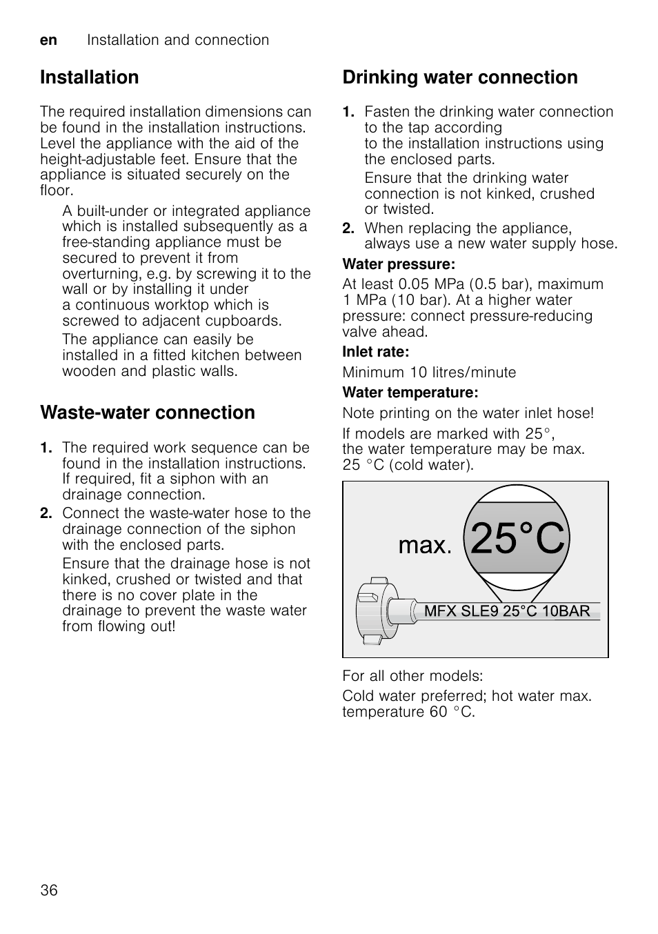 Transportation, Empty the dishwasher and secure loose parts, Turn on the tap | Open the door, Switch on on/off switch, Press start button h, Close the door, Open door after approx. 4 minutes, Press start button h for approx. 3 sec, Switch off on/off switch | Neff S51E50X1GB User Manual | Page 36 / 40